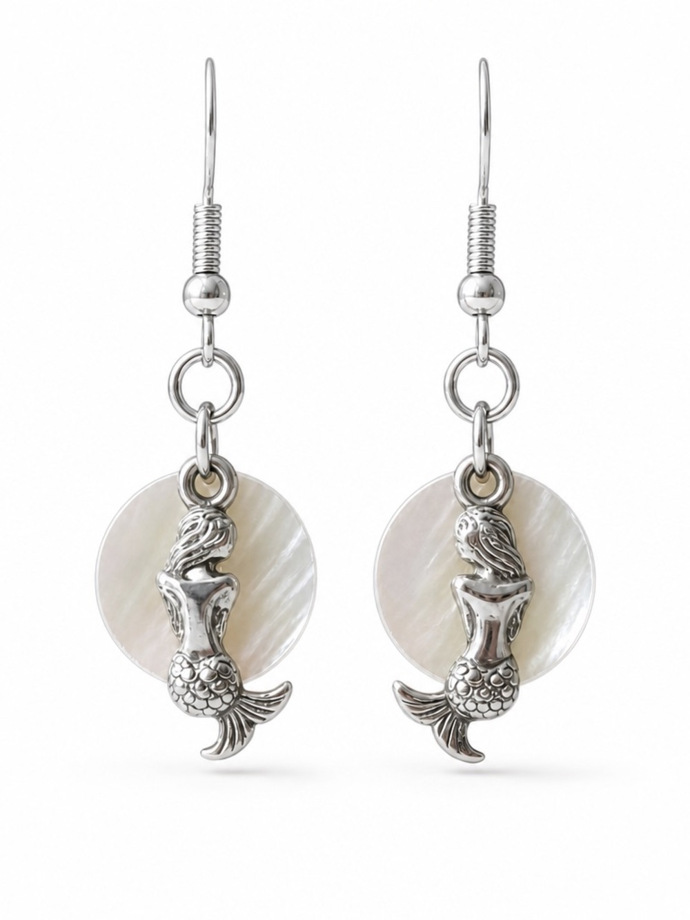 Silver Mermaid Earrings with Mother of Pearl Disc